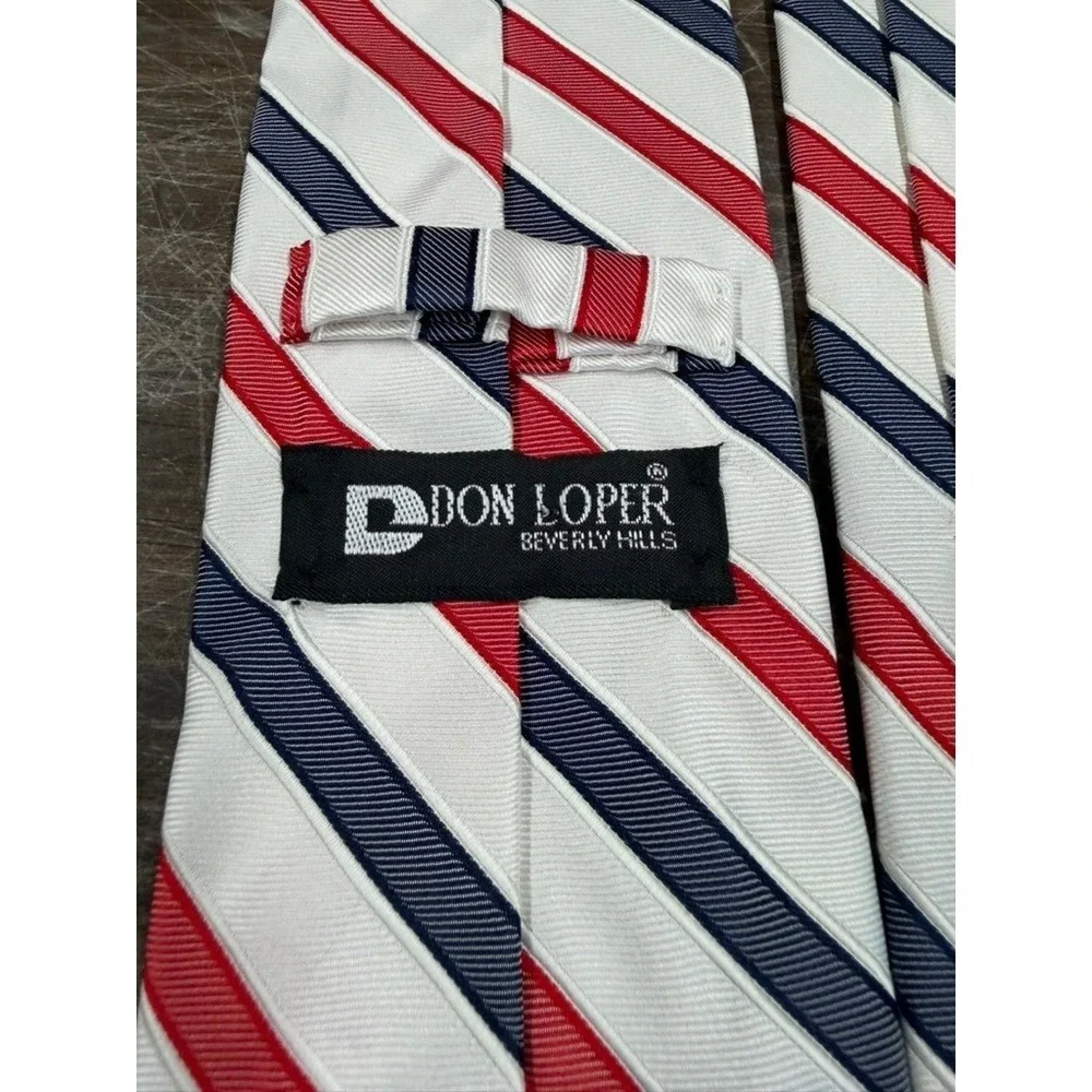 Don Loper Beverly Hills Mens Red White Navy Blue Striped 100%‎ Silk Necktie USA!